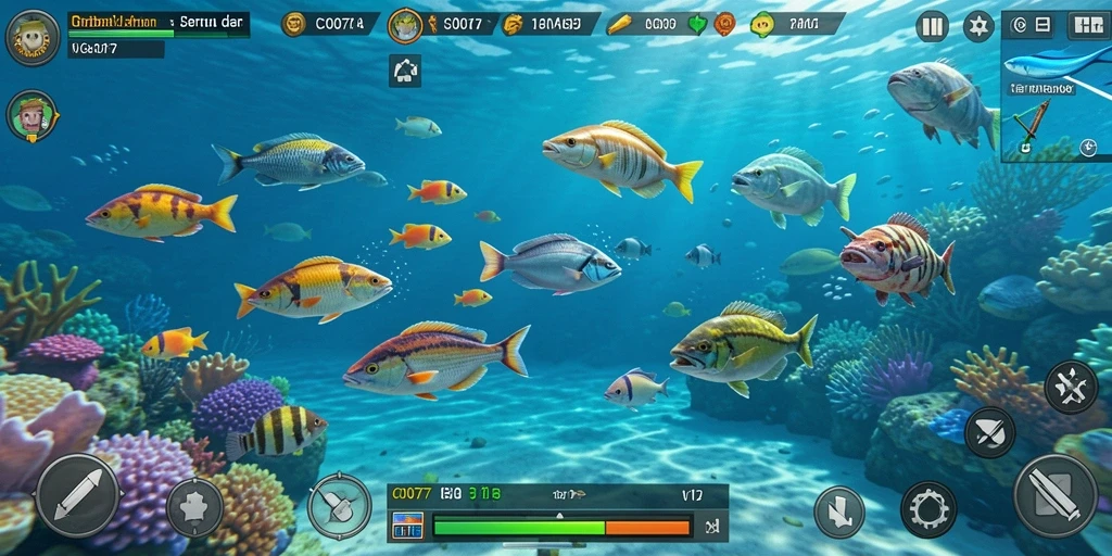 Screenshot utama C0077 menampilkan aksi menembak ikan yang seru.