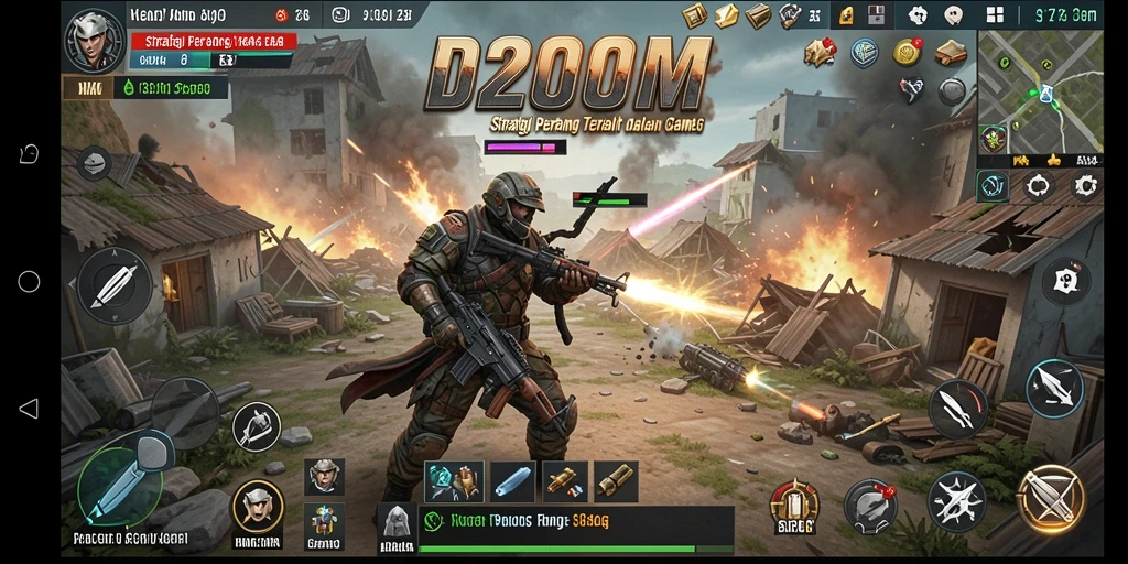 Screenshot permainan D200M menampilkan pertempuran epik antar kerajaan.