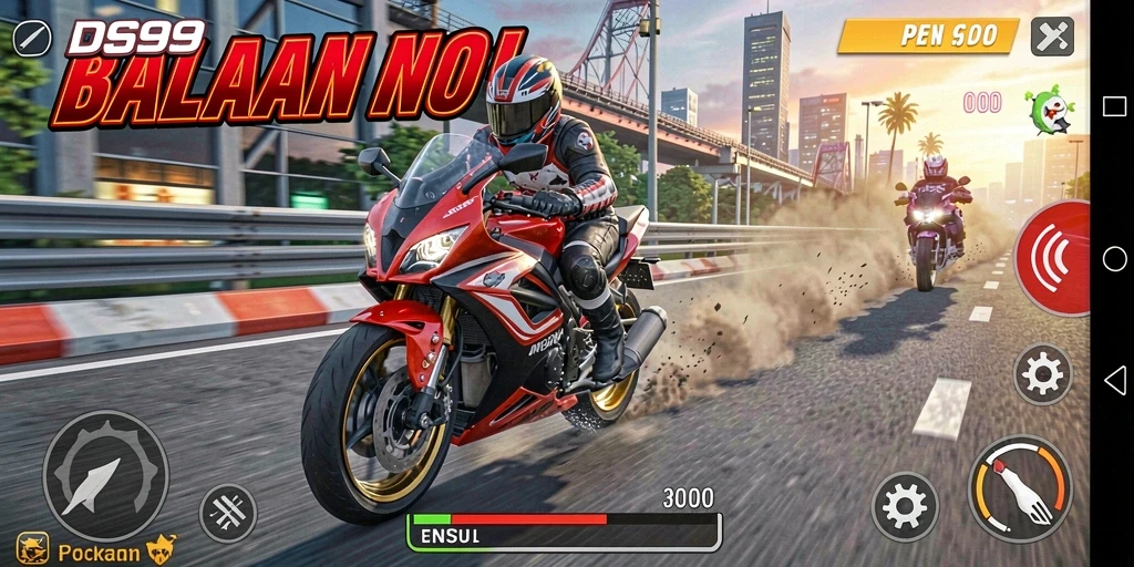 Tampilan seru dari gameplay balapan motor di DS99.
