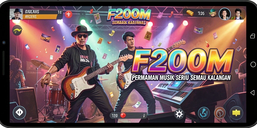 Screenshot utama F200M menunjukkan gameplay dengan musik yang menarik.