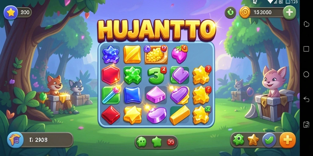Tangkapan layar gameplay HUJANTOTO menampilkan aksi mencocokkan permata yang seru.