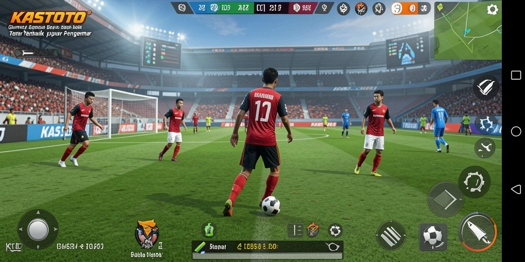 Tampilan gameplay menarik dalam KASTOTO dengan aksi sepak bola yang dinamis.