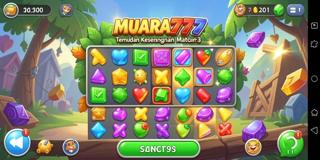 Tampilan gameplay MUARA777 dengan berbagai objek colorful di level Match-3.