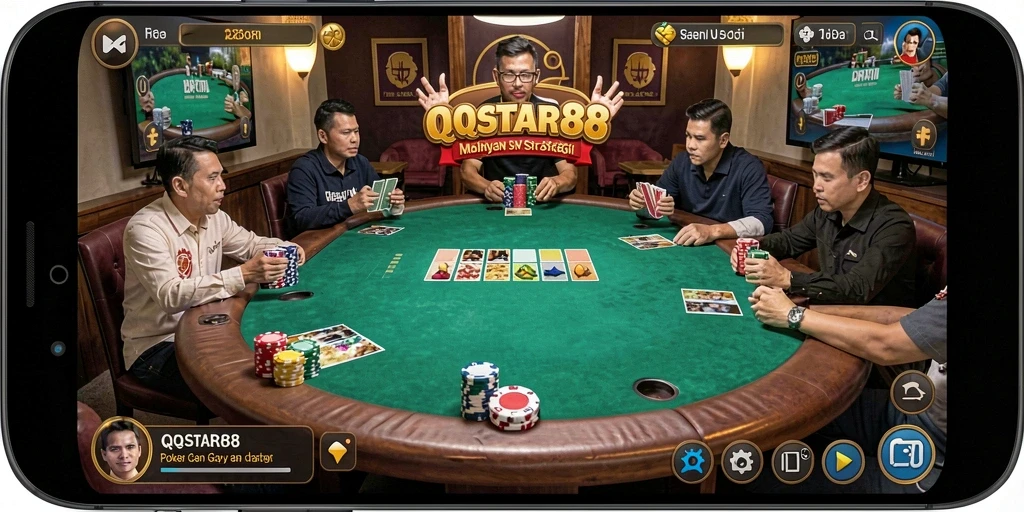 Screenshot gameplay QQSTAR88 menampilkan aksi Poker yang mendebarkan.