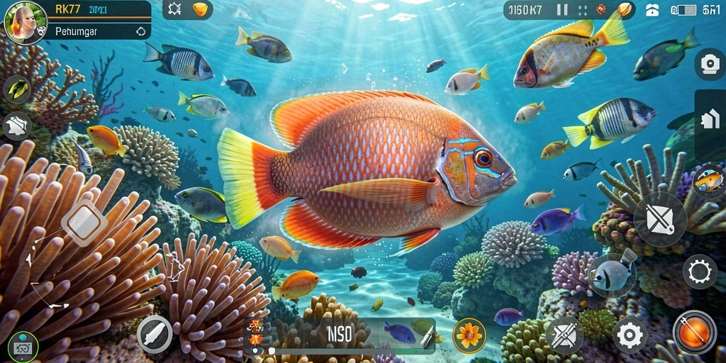 Tangkapan layar RK77 menampilkan aksi seru menembak ikan di lautan.