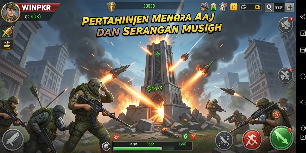 Screenshot gameplay WINPKR menampilkan menara yang siap menghancurkan gelombang musuh.